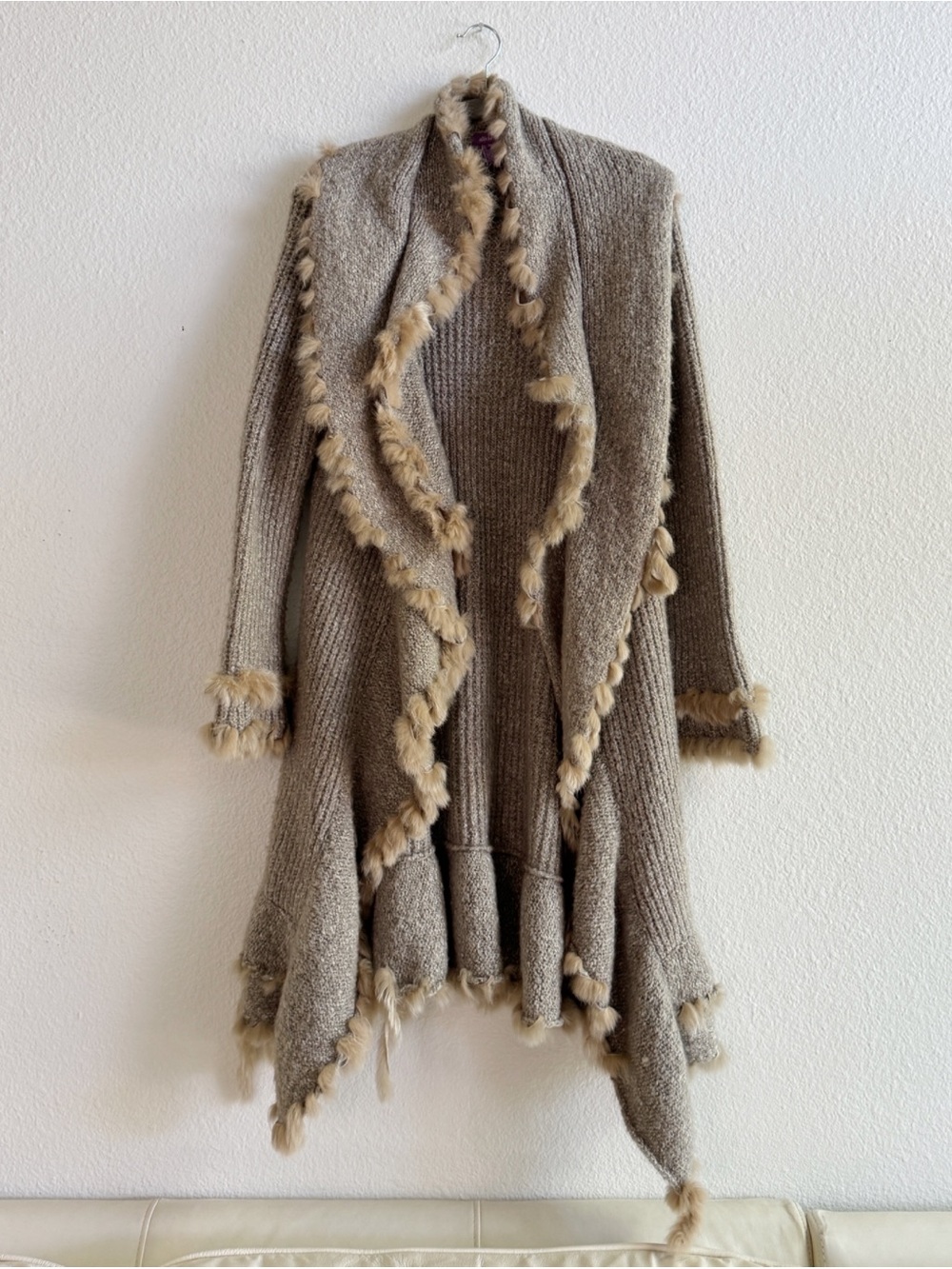 OLIVIA M Taupe Faux-Fur Trim Open Front Women's Sweater Cardigan